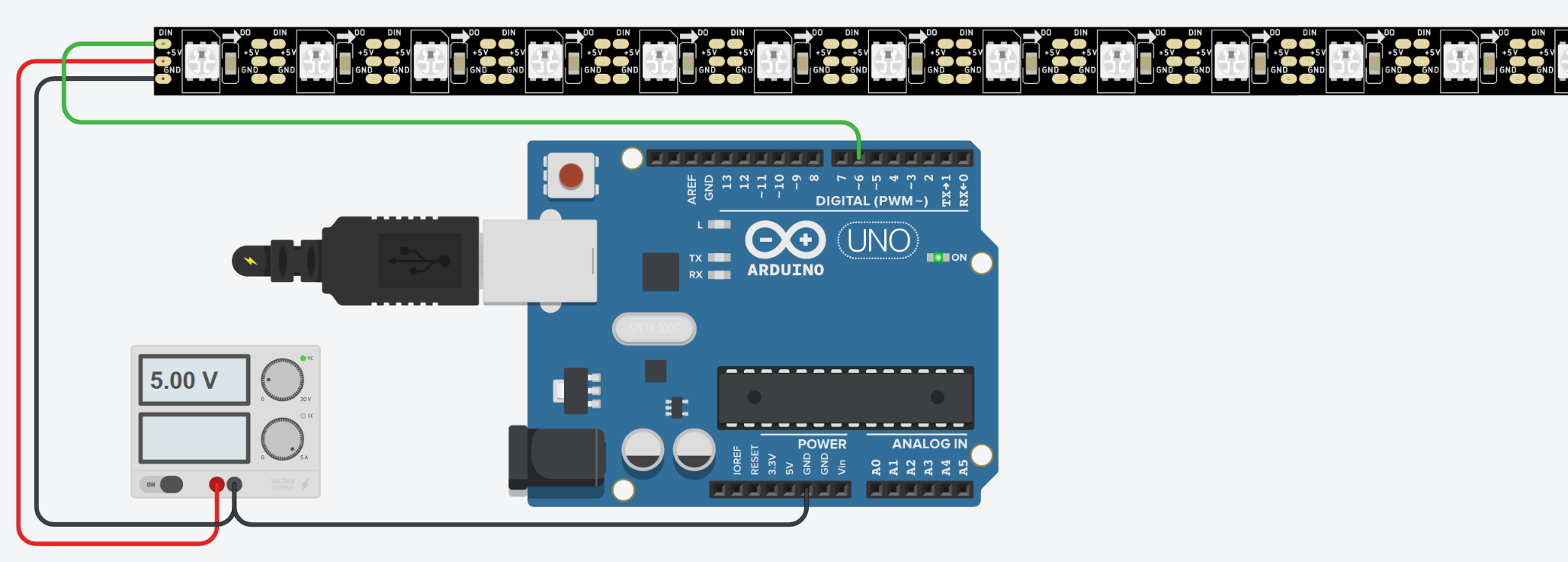 Ilustração da fita de LED RGB WS2812B conectada com fonte externa ao Arduino Uno
