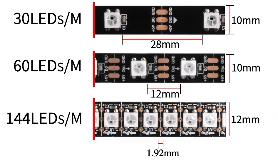 Comparação de densidades de fita de LED RGB com 30, 60 e 144 LEDs por metro